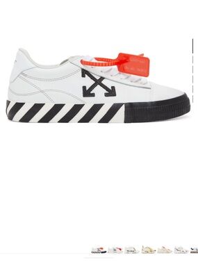Off-White White Leather Low-Top Sneakers with Black Accents and Red Zip Tie